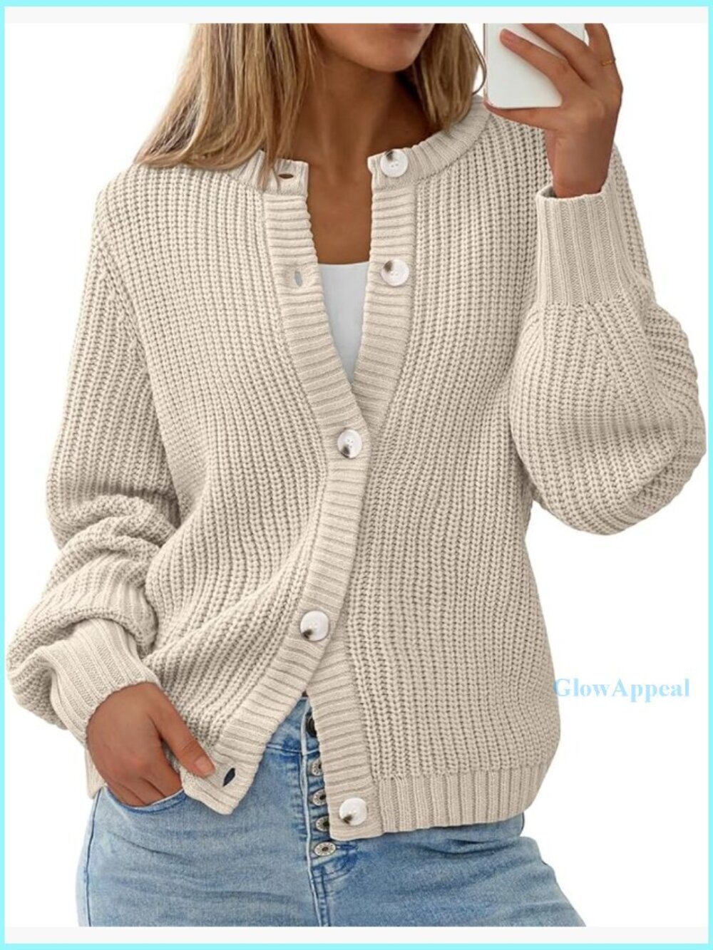Oversized Button Front Cardigan Sweater, Loose Fit, Crewneck, Long Sleeve